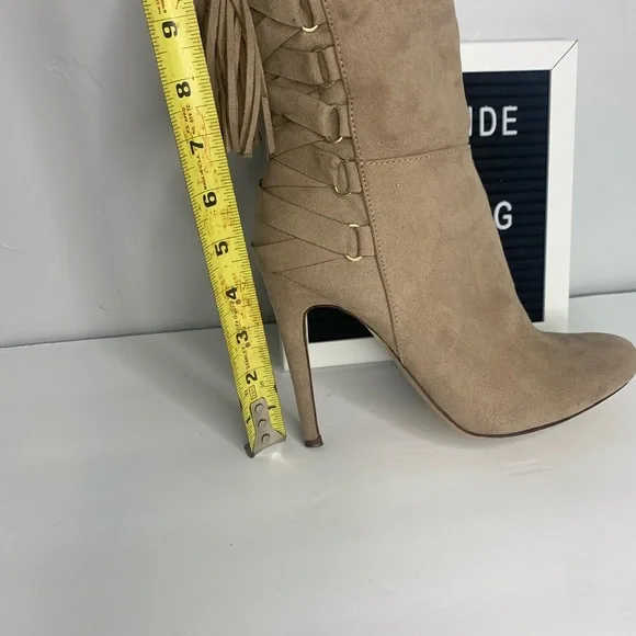 ShoeDazzle Tan Faux Suede Thigh High Stiletto Boots Tassel Lace Up 7.5 - Picture 10 of 11